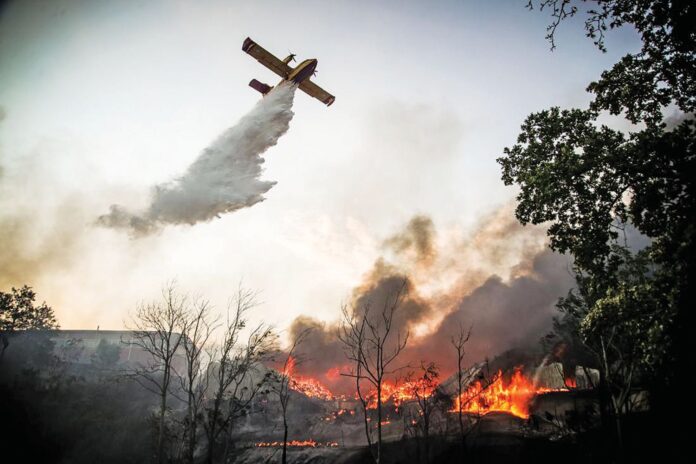 Canadair εκτοξεύει νερό σε πυρκαγιά